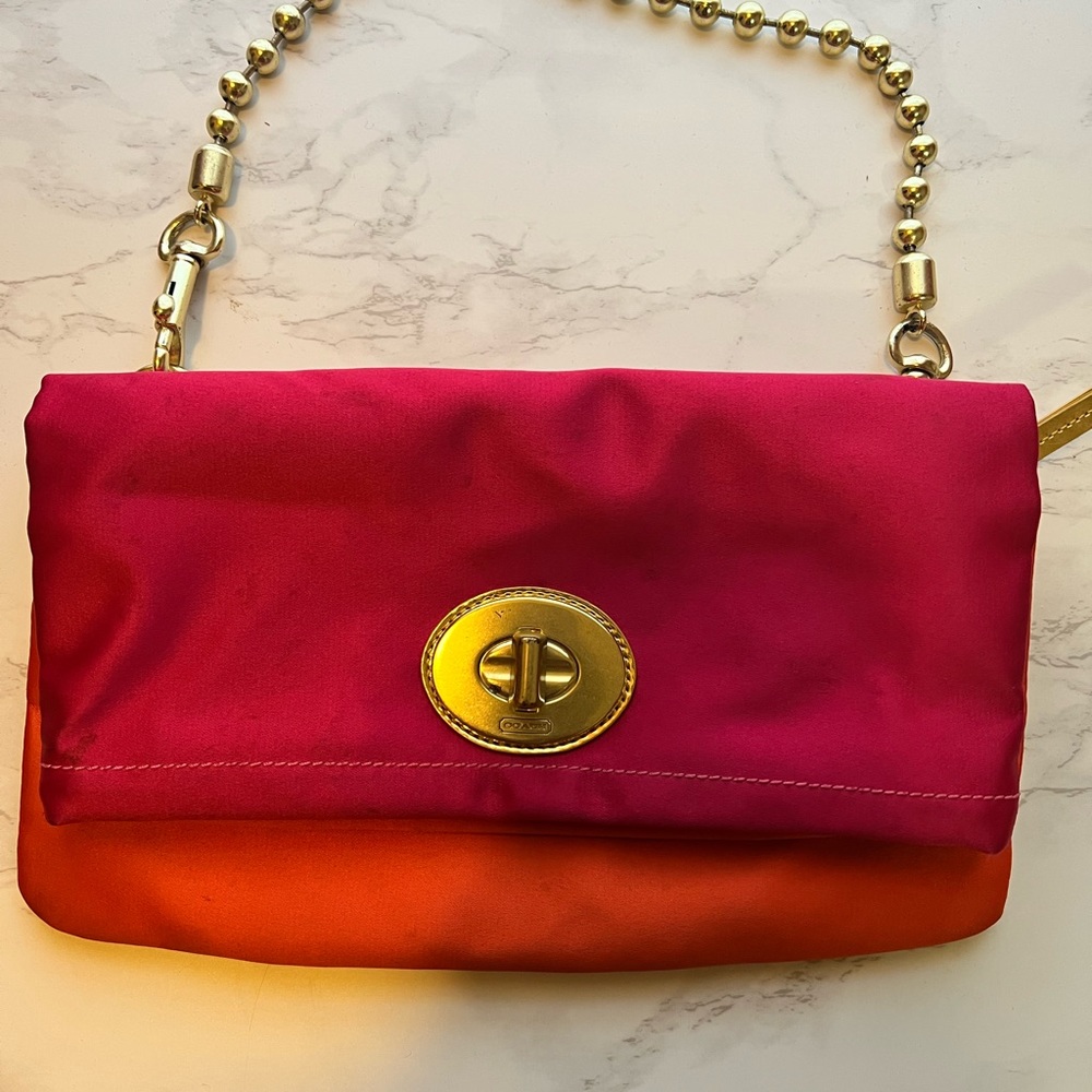 COPY - Coach fuchsia and tangerine satin clutch purse with gold beaded chain/ha…